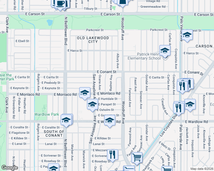 map of restaurants, bars, coffee shops, grocery stores, and more near 3628 Lomina Avenue in Long Beach