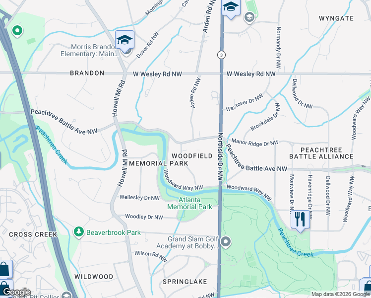 map of restaurants, bars, coffee shops, grocery stores, and more near 2493 Oldfield Road Northwest in Atlanta
