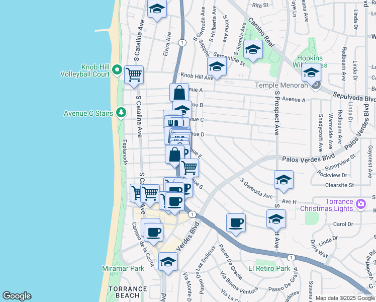 map of restaurants, bars, coffee shops, grocery stores, and more near 304 Avenue E in Redondo Beach