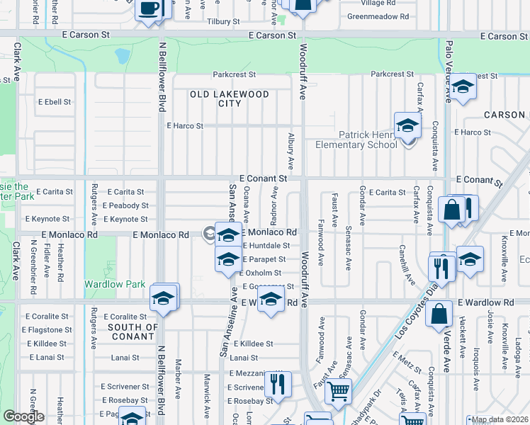 map of restaurants, bars, coffee shops, grocery stores, and more near 3628 Lomina Avenue in Long Beach