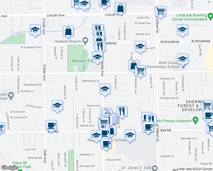 map of restaurants, bars, coffee shops, grocery stores, and more near 2580 West Orange Avenue in Anaheim
