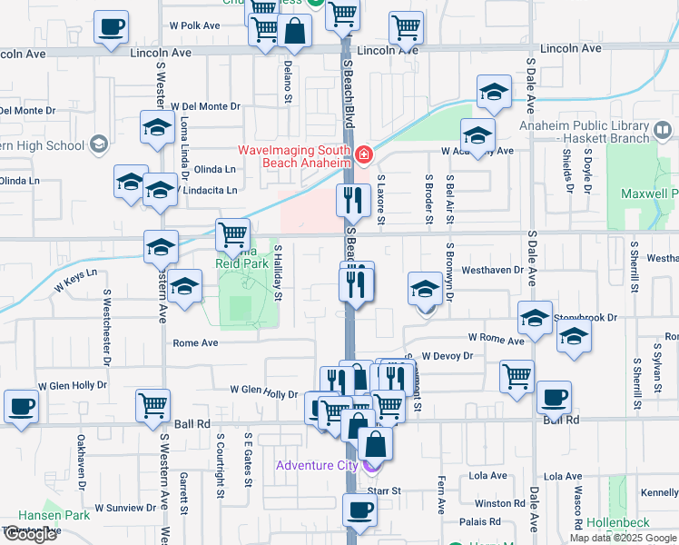 map of restaurants, bars, coffee shops, grocery stores, and more near 645 South Beach Boulevard in Anaheim