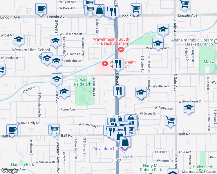 map of restaurants, bars, coffee shops, grocery stores, and more near 645 South Beach Boulevard in Anaheim