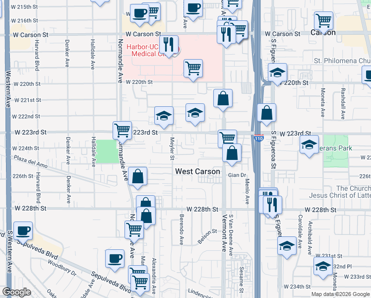 map of restaurants, bars, coffee shops, grocery stores, and more near 1002 West 223rd Street in Torrance
