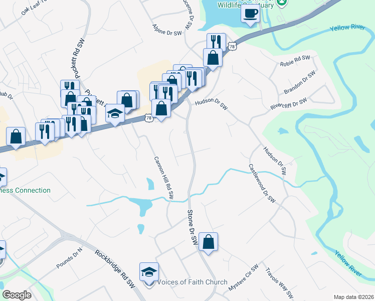 map of restaurants, bars, coffee shops, grocery stores, and more near 4851 Beverly Drive Southwest in Lilburn