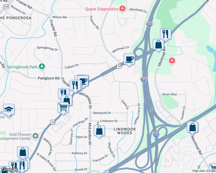 map of restaurants, bars, coffee shops, grocery stores, and more near 1442 Linkwood Lane in Decatur