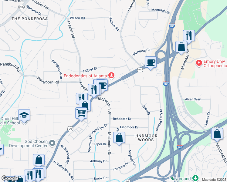 map of restaurants, bars, coffee shops, grocery stores, and more near 2711 Lawrenceville Highway in Decatur