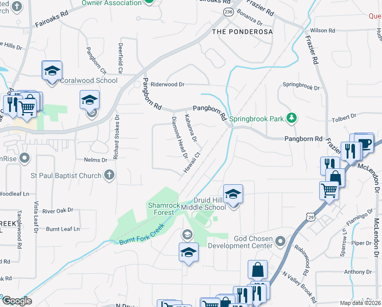 map of restaurants, bars, coffee shops, grocery stores, and more near 1445 Diamond Head Drive in Decatur