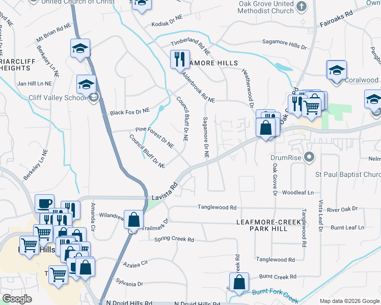 map of restaurants, bars, coffee shops, grocery stores, and more near 1475 Council Bluff Drive Northeast in Atlanta