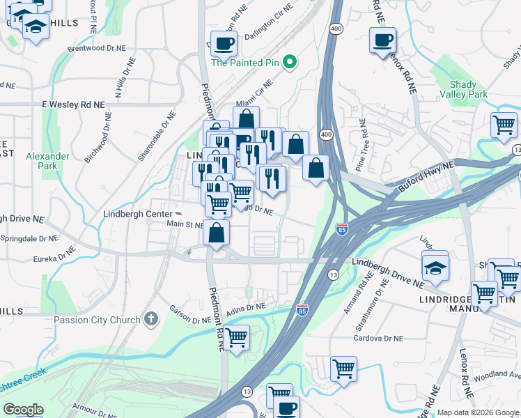 map of restaurants, bars, coffee shops, grocery stores, and more near 745 Fountainhead Lane Northeast in Atlanta