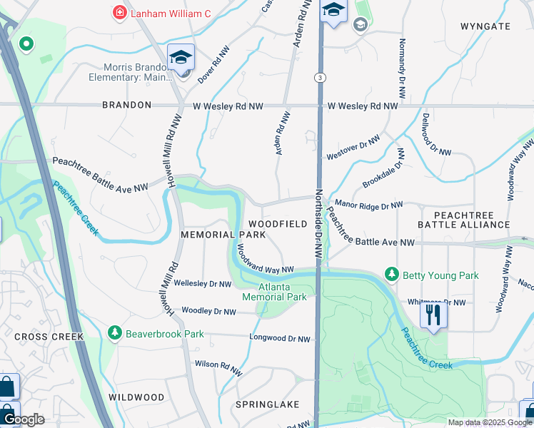 map of restaurants, bars, coffee shops, grocery stores, and more near 2493 Oldfield Road Northwest in Atlanta