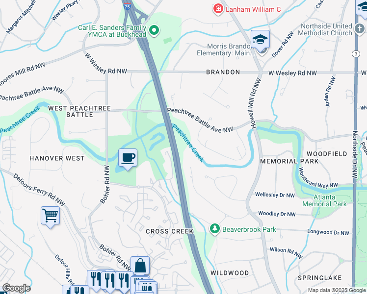 map of restaurants, bars, coffee shops, grocery stores, and more near 1080 Northcliffe Drive Northwest in Atlanta