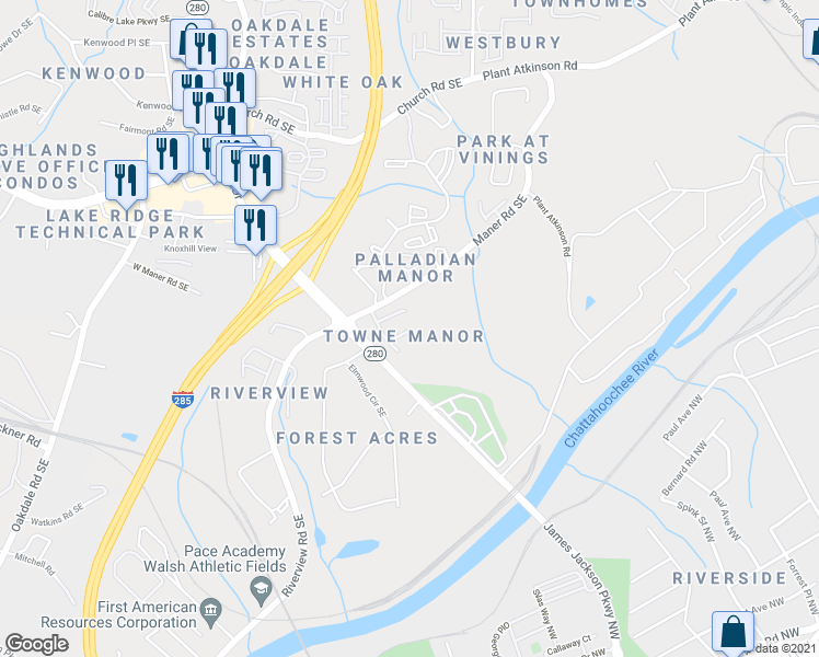 map of restaurants, bars, coffee shops, grocery stores, and more near 2375 Towneview Court Southeast in Atlanta