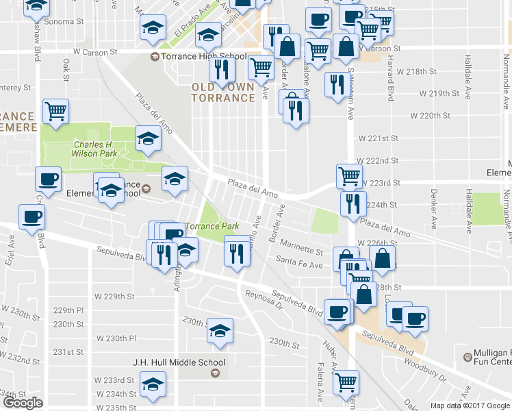 map of restaurants, bars, coffee shops, grocery stores, and more near 2415 Cabrillo Avenue in Torrance