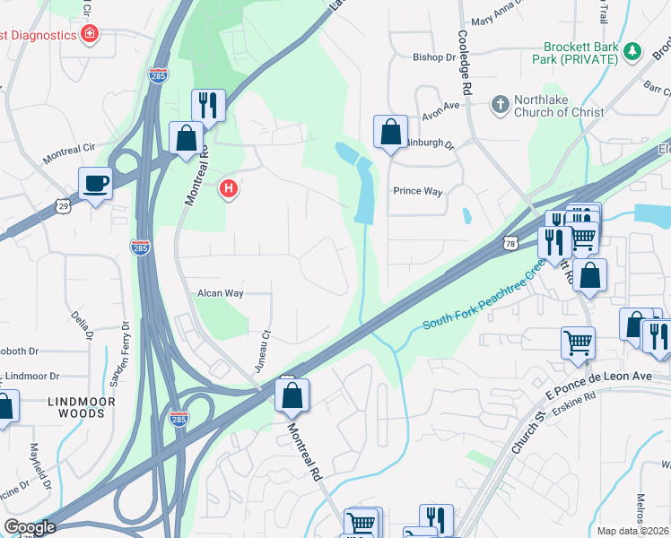 map of restaurants, bars, coffee shops, grocery stores, and more near 3599 Canadian Way in Tucker