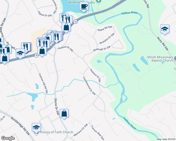 map of restaurants, bars, coffee shops, grocery stores, and more near 2315 Hudson Drive Southwest in Lilburn