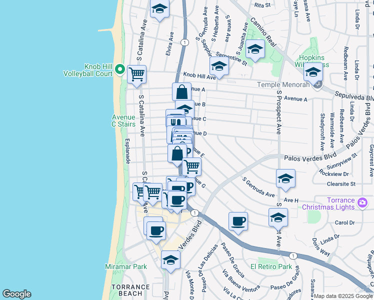 map of restaurants, bars, coffee shops, grocery stores, and more near 304 Avenue E in Redondo Beach