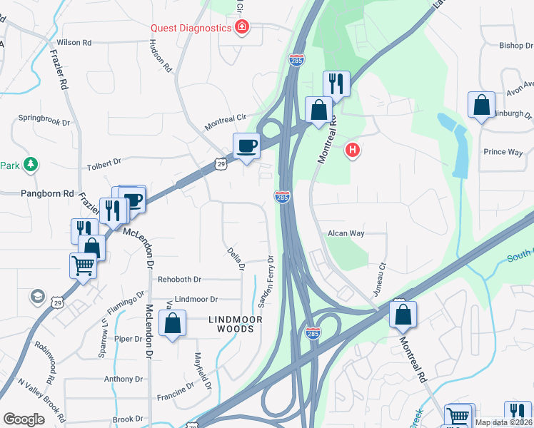map of restaurants, bars, coffee shops, grocery stores, and more near 1455 Sanden Ferry Dr in Decatur