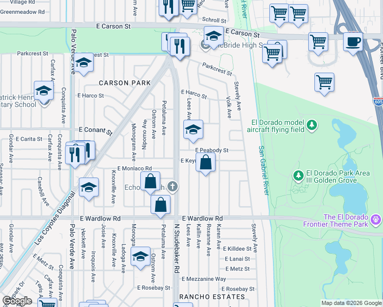 map of restaurants, bars, coffee shops, grocery stores, and more near 6926 East Peabody Street in Long Beach
