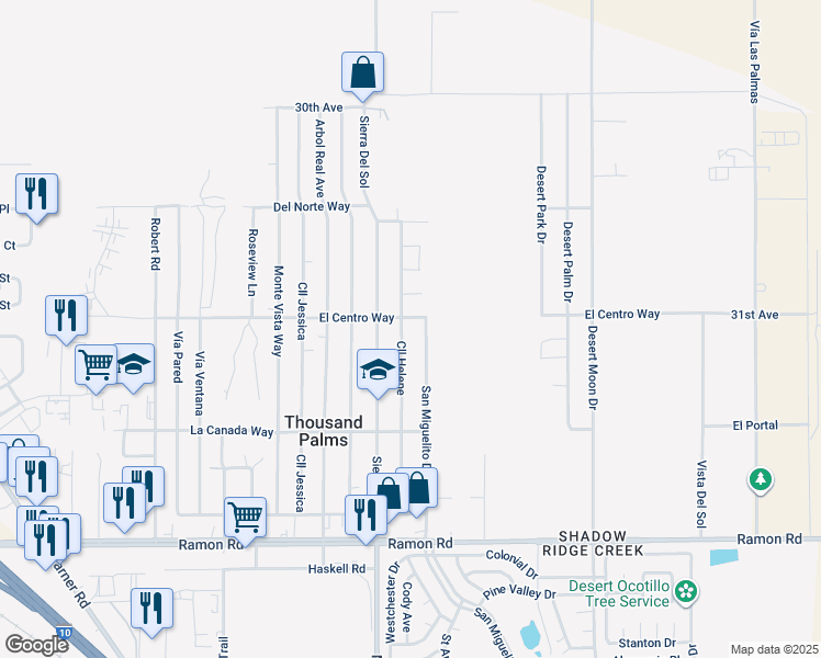 map of restaurants, bars, coffee shops, grocery stores, and more near Calle Helene in Thousand Palms