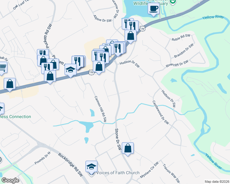 map of restaurants, bars, coffee shops, grocery stores, and more near 4851 Beverly Dr SW in Lilburn