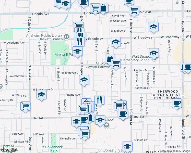 map of restaurants, bars, coffee shops, grocery stores, and more near 638 South Velare Street in Anaheim