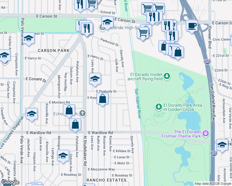 map of restaurants, bars, coffee shops, grocery stores, and more near 7118 East Peabody Street in Long Beach