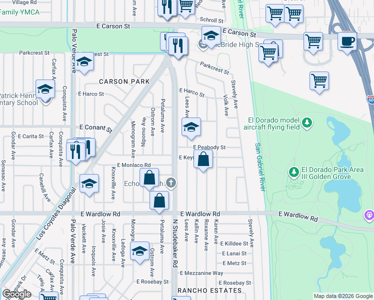 map of restaurants, bars, coffee shops, grocery stores, and more near 6922 East Peabody Street in Long Beach