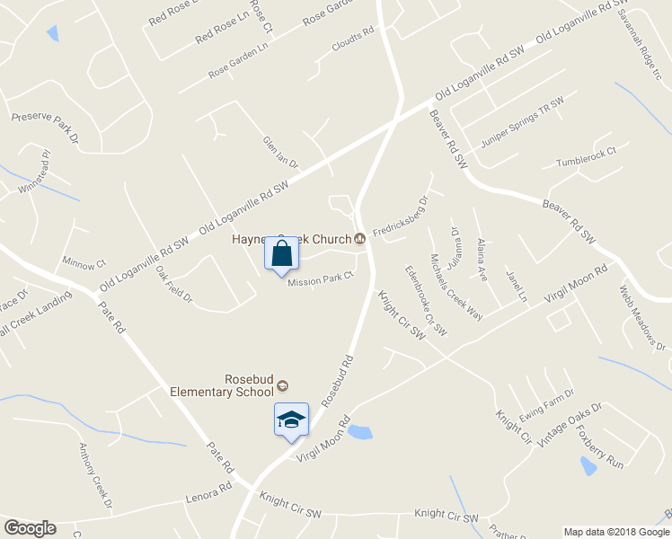 map of restaurants, bars, coffee shops, grocery stores, and more near 1759 Mission Park Court in Loganville