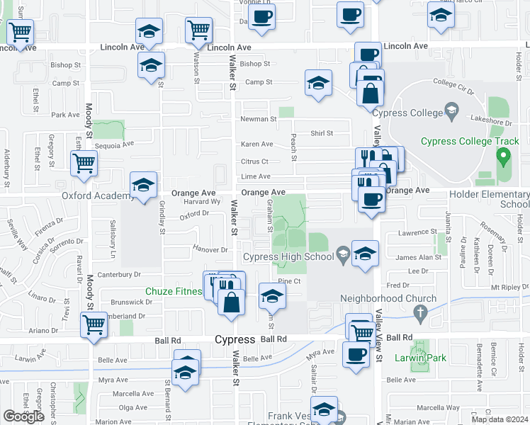 map of restaurants, bars, coffee shops, grocery stores, and more near 9565 Graham Street in Cypress