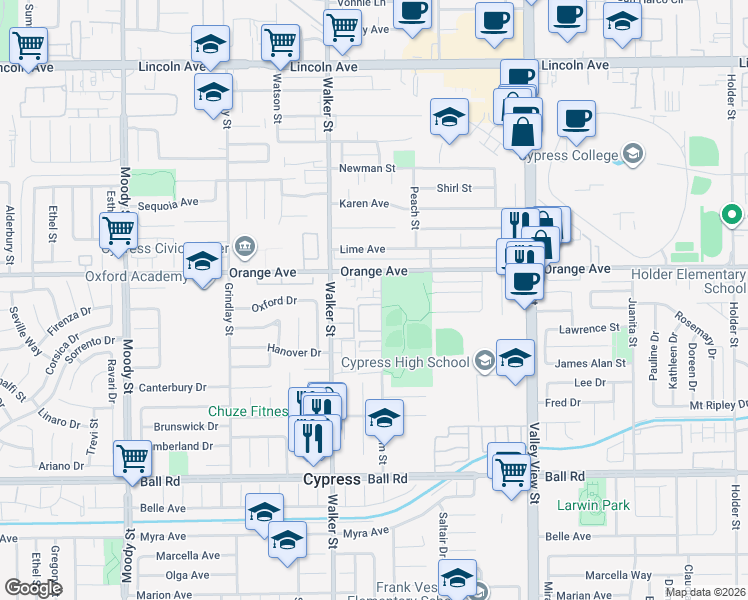 map of restaurants, bars, coffee shops, grocery stores, and more near 9565 Graham Street in Cypress