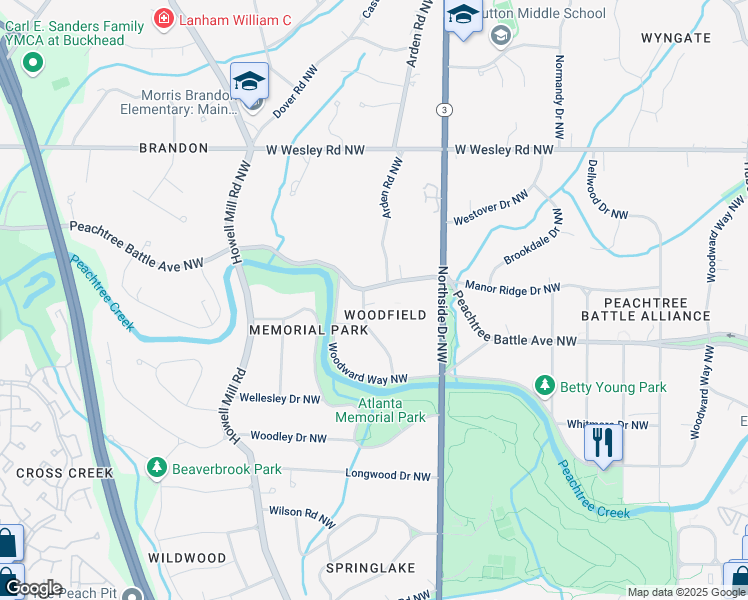 map of restaurants, bars, coffee shops, grocery stores, and more near 2493 Oldfield Road Northwest in Atlanta