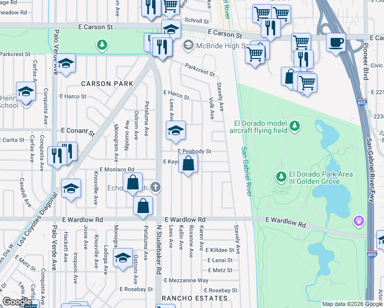 map of restaurants, bars, coffee shops, grocery stores, and more near 7022 East Peabody Street in Long Beach