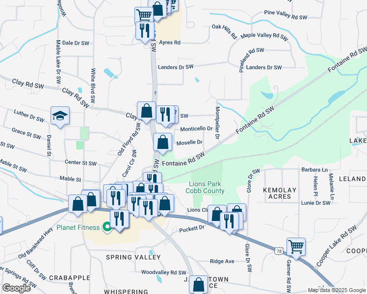 map of restaurants, bars, coffee shops, grocery stores, and more near 649 Moselle Drive in Mableton