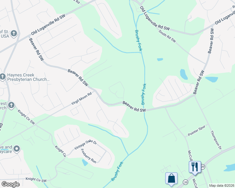 map of restaurants, bars, coffee shops, grocery stores, and more near 4241 Beaverton Circle in Loganville
