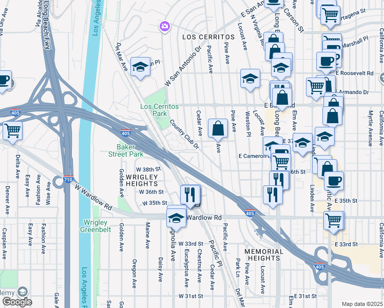map of restaurants, bars, coffee shops, grocery stores, and more near 3673 North Country Club Drive in Long Beach