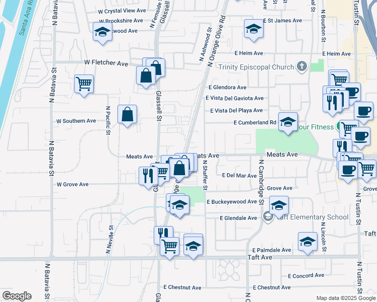 map of restaurants, bars, coffee shops, grocery stores, and more near 2101 North Orange Olive Road in Orange