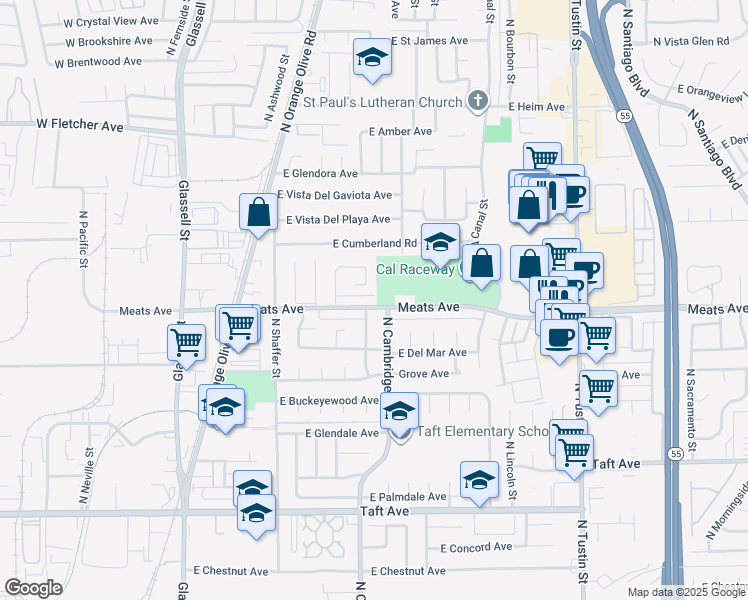 map of restaurants, bars, coffee shops, grocery stores, and more near 841 East Meats Avenue in Orange