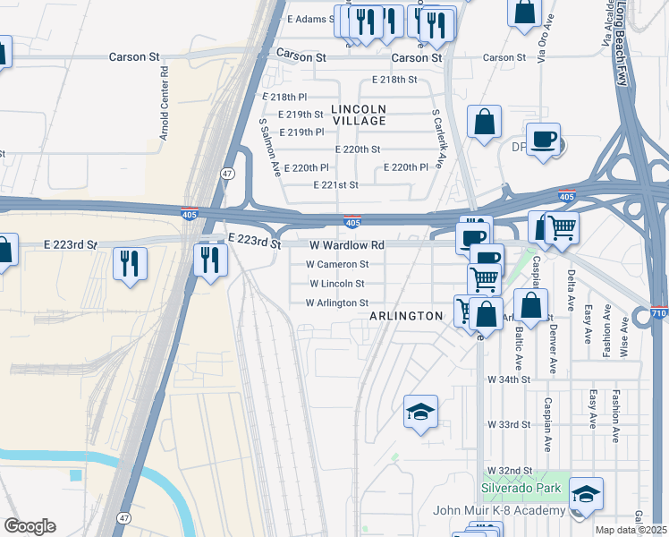map of restaurants, bars, coffee shops, grocery stores, and more near 3649 River Avenue in Long Beach