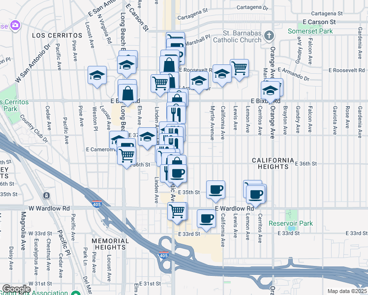map of restaurants, bars, coffee shops, grocery stores, and more near 3633 Lime Avenue in Long Beach