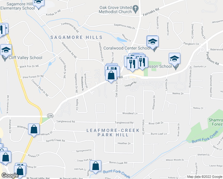 map of restaurants, bars, coffee shops, grocery stores, and more near 2330 Oakshire Court in Decatur