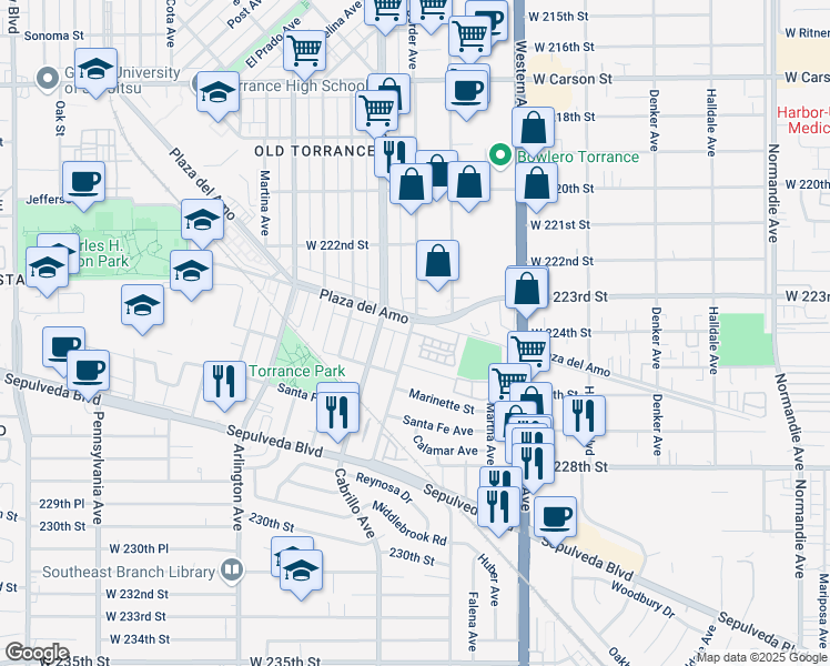 map of restaurants, bars, coffee shops, grocery stores, and more near 1844 Plaza del Amo in Torrance