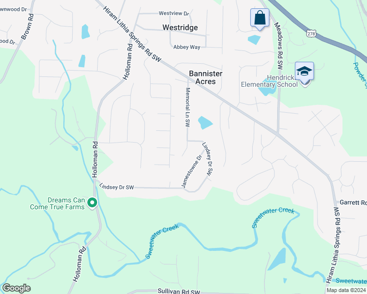 map of restaurants, bars, coffee shops, grocery stores, and more near 5346 Memorial Lane Southwest in Powder Springs