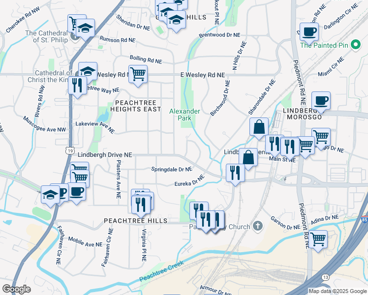 map of restaurants, bars, coffee shops, grocery stores, and more near 2506 Parkdale Place Northeast in Atlanta