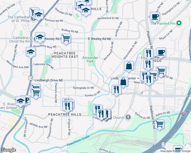 map of restaurants, bars, coffee shops, grocery stores, and more near 404 Springdale Drive Northeast in Atlanta