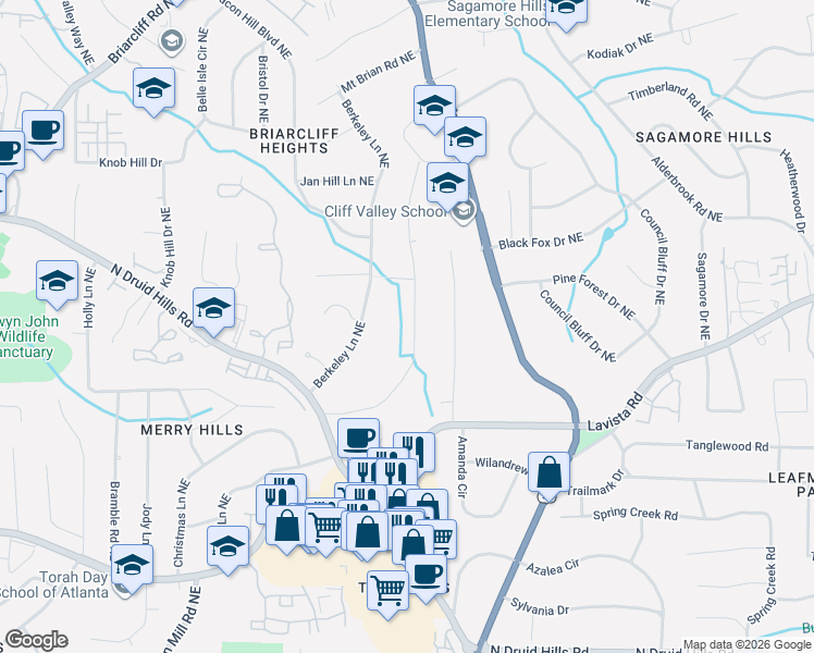 map of restaurants, bars, coffee shops, grocery stores, and more near 1464 Fama Drive Northeast in Atlanta