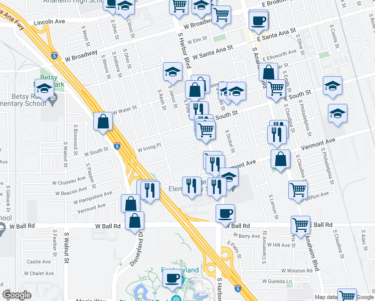 map of restaurants, bars, coffee shops, grocery stores, and more near 624 West Provential Drive in Anaheim