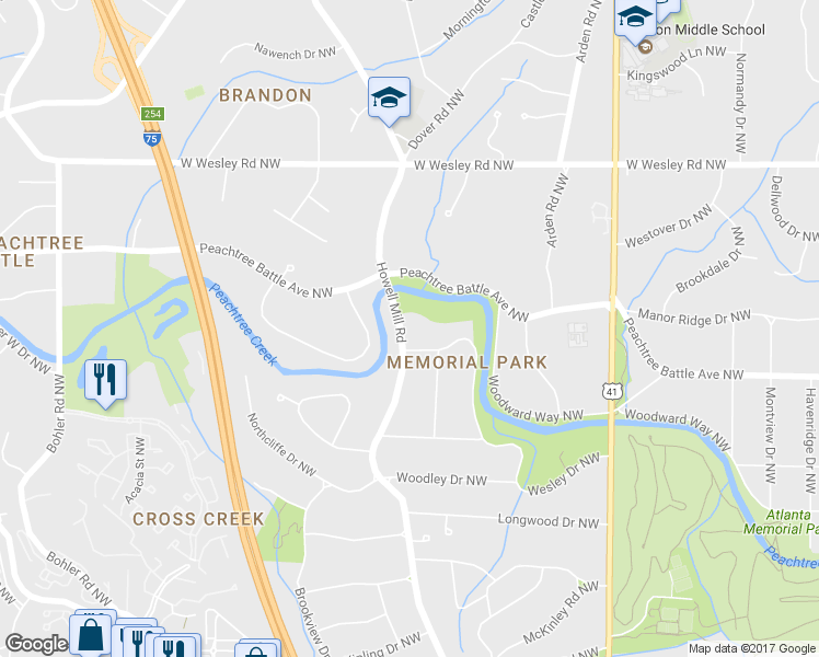 map of restaurants, bars, coffee shops, grocery stores, and more near 2475 Howell Mill Road Northwest in Atlanta