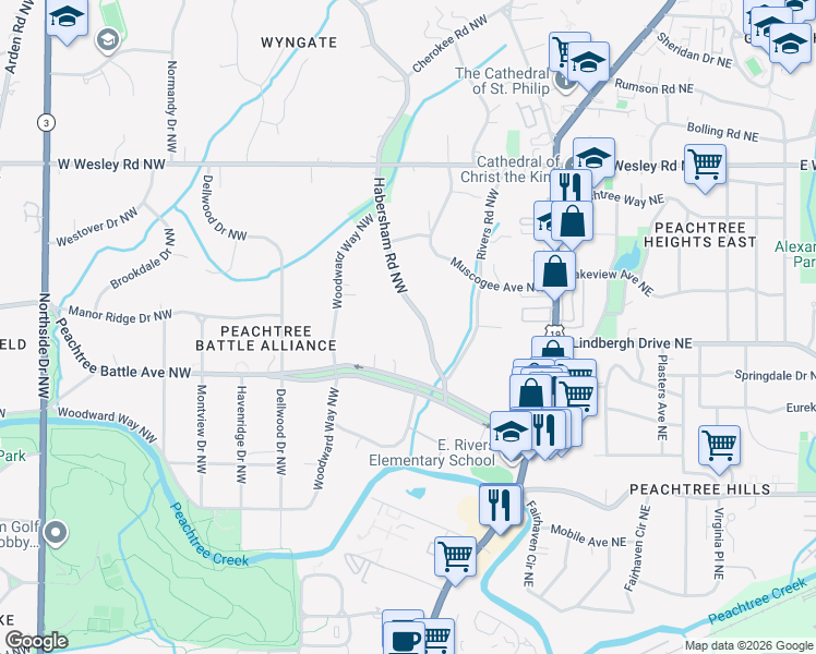 map of restaurants, bars, coffee shops, grocery stores, and more near 2542 Habersham Road Northwest in Atlanta