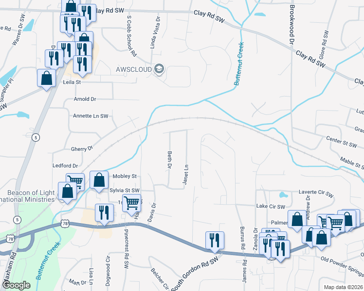 map of restaurants, bars, coffee shops, grocery stores, and more near 5372 Janet Lane in Austell